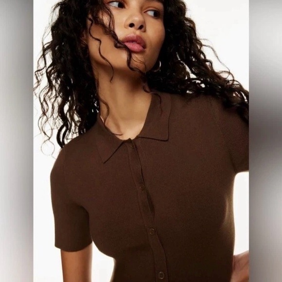 Sunday Best Aritzia | collared dress cognac brown stretch button front medium - Picture 8 of 10